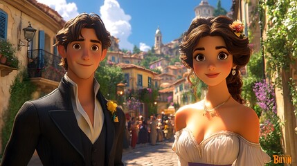 Vibrant French summer soiree with animated characters dancing enjoying wine and a picturesque evening setting