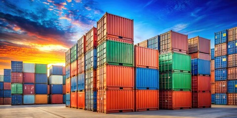 Fototapeta premium Cargo containers stacked in a shipping yard , freight, logistics, transportation, industrial, storage, containers