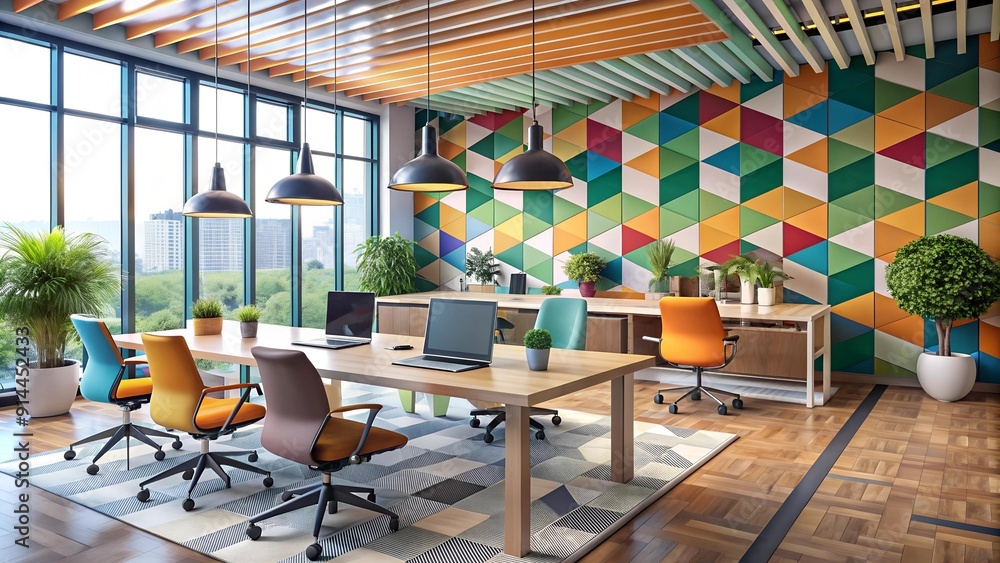 Poster modern office workspace with vibrant colors and geometric patterns ai generated