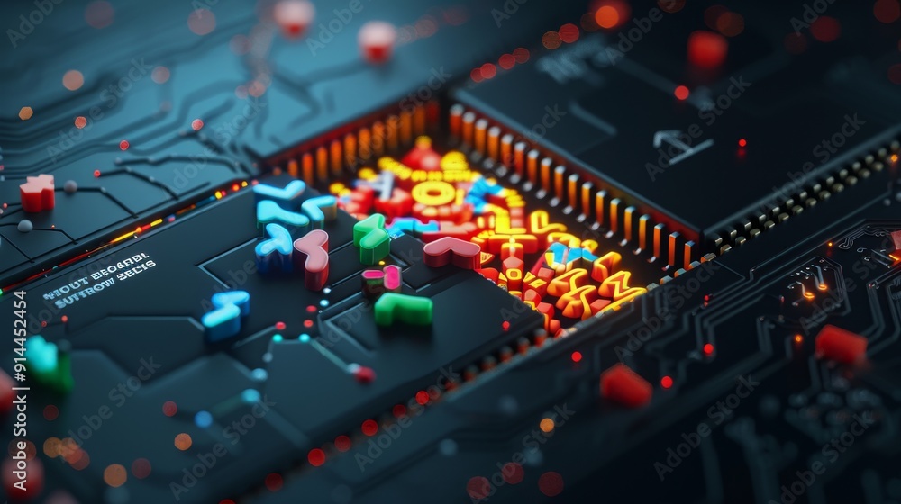 Poster abstract digital illustration of colorful data processing within a microchip. the image represents t
