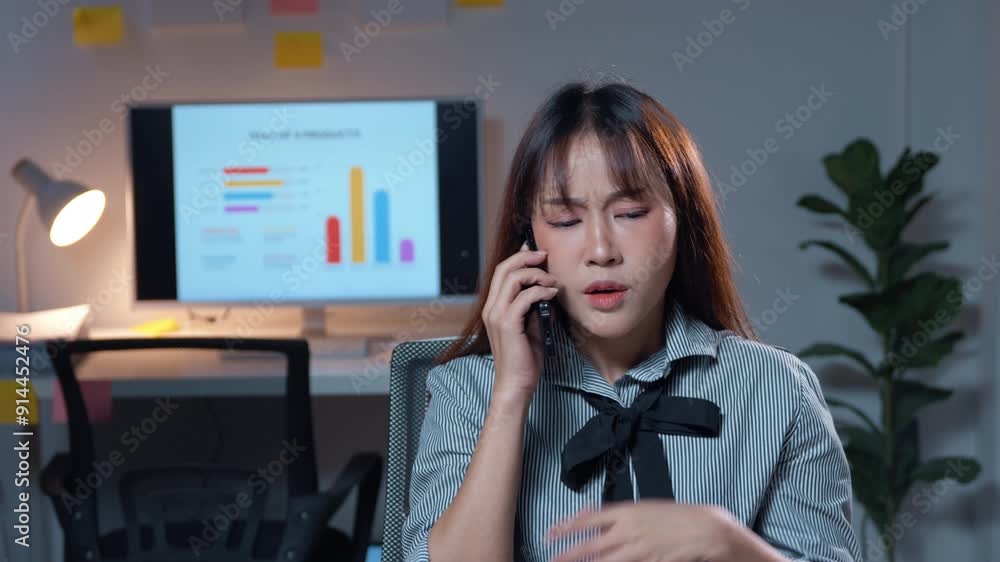 Poster businesswoman discussing sales data on mobile phone with graphs and charts on computer screen in mod