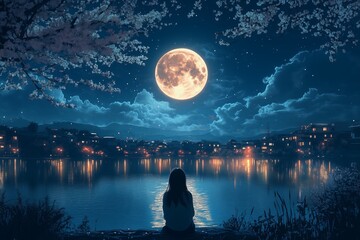 Cute anime girl admiring the moonlit night by the lake in a Japanese city with cherry blossoms