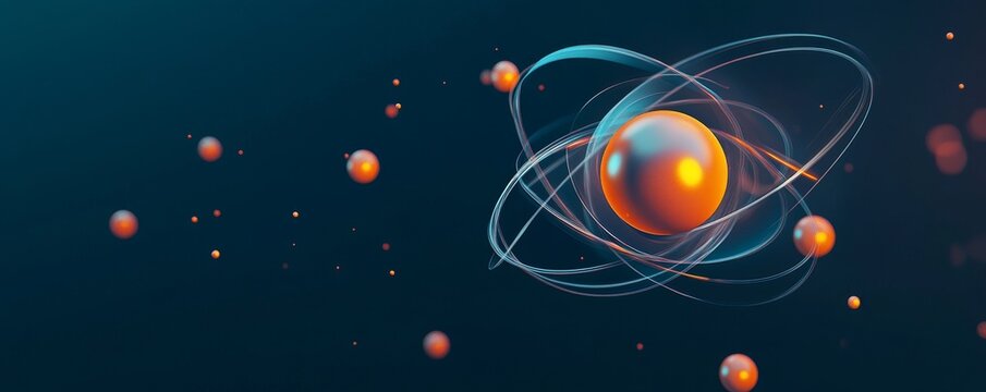 Abstract illustration of an atom with orbiting particles.