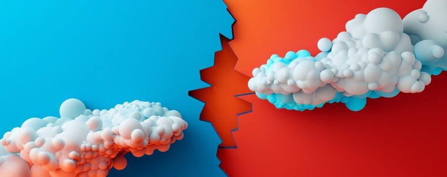 Abstract white clouds on red and blue backgrounds.