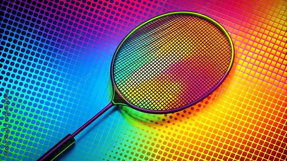 Poster retro pop art badminton racket: vibrant neon splash generative ai