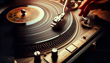 Closeup of Vintage Vinyl Record Spinning on Turntable