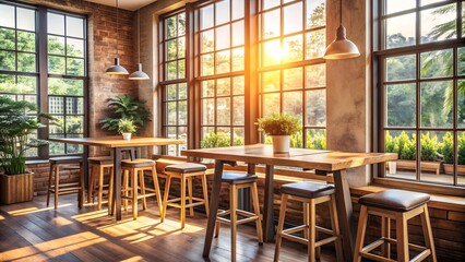 Sunlit Rustic Haven: A Cozy Caf? with Wooden Accents and Natural Light  Generative AI