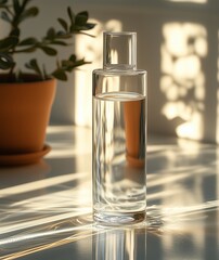 Pattern of bottle with micellar water, essence of natural oil, serum for the face. A hard shadow from a glass vial filled with liquid