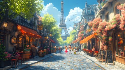 Whimsical Parisian street scene with animated characters enjoying street performers cafes and vibrant city life