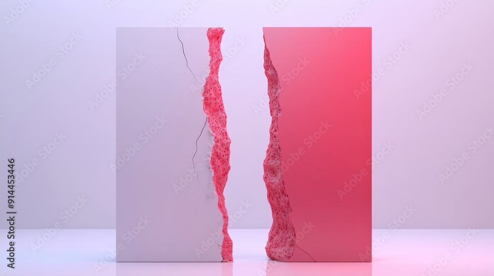 Poster two abstract 3d shapes, one white and one red, stand side by side, separated by a jagged, uneven edg