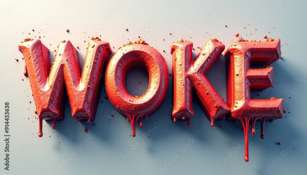 Poster 3d text 'woke' in red with dripping paint effect on a light background.