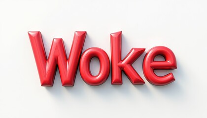 3D red 'Woke' text on a white background.