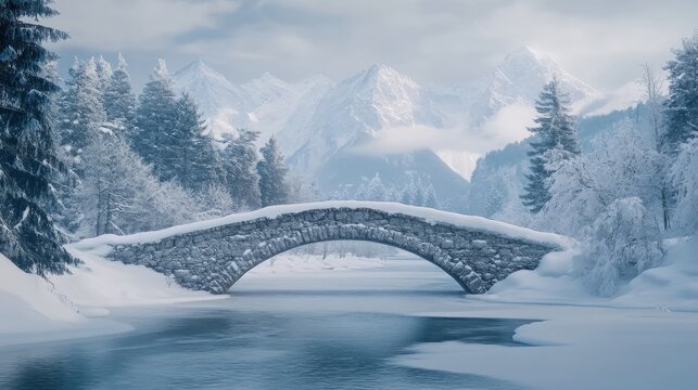 A snow-covered bridge arches gracefully over a frozen river, surrounded by trees and distant mountains under a cloudy sky