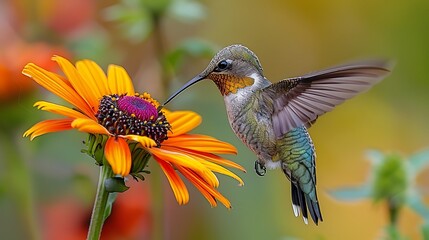 Fototapeta premium Closeup shot of colorful hummingbird Trochilidae family hovering midair next vibrant flower capturing bird's iridescent plumage delicate flight 