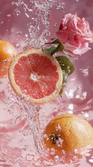 Vibrant Still Life: Grapefruit and Rose Cascade into Sparkling Water on Pink Background
