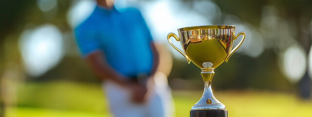 Modern shiny gold trophy cup, golf course and player blurred in background.