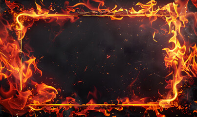 Dynamic, fiery frame composed of vibrant orange flames against a dark, smoky background. The intense flames and wisps of smoke create a dramatic and powerful border, highlighting the contrast between 