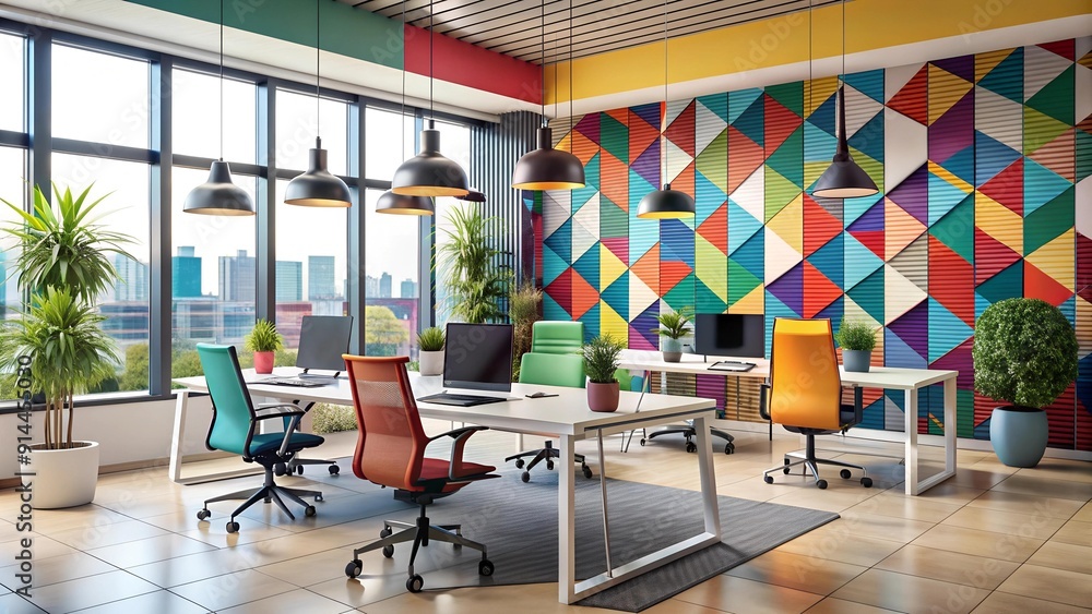 Poster modern office workspace with vibrant colors and geometric patterns generative ai