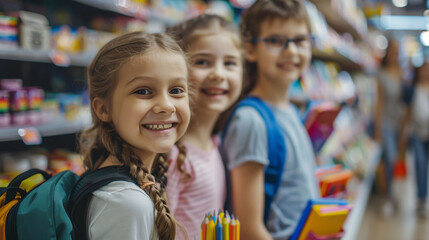 Obraz premium Children smiling and shopping for school supplies in a store aisle.