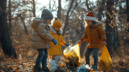 Children cleaning up litter in a forest, promoting environmental awareness.