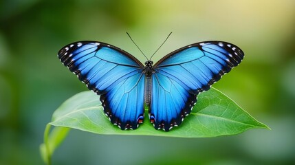 Fototapeta premium Stunning Blue Morpho Butterfly on a bright green leaf, soft morning sunlight, tropical forest atmosphere, vivid colors and natural beauty