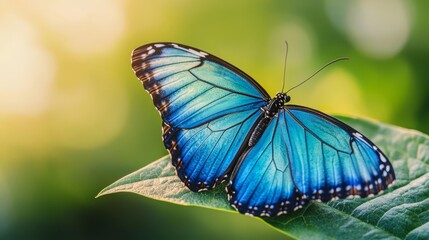 Blue Morpho Butterfly resting on a fresh green leaf, sunlit bokeh background, detailed close-up, highlighting the butterfly's intricate wing patterns