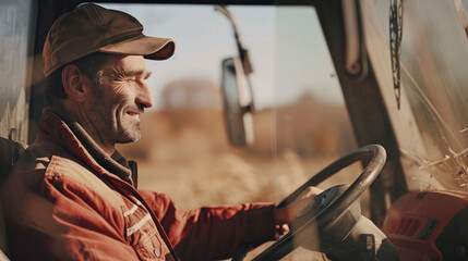 Naklejka premium Smiling farmer in a cap driving a tractor in a field during sunset.