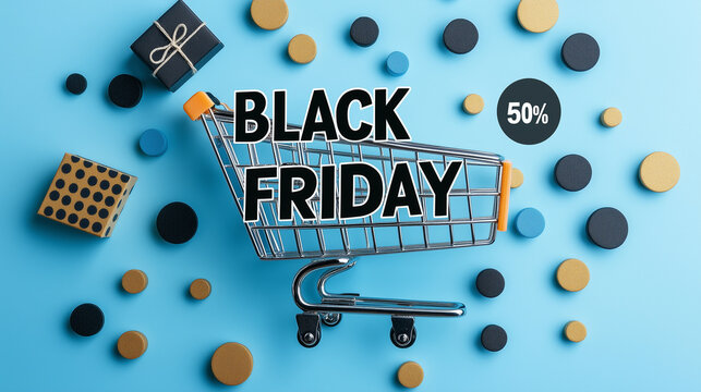 "BLACK FRIDAY" in bold black letters on a white background with a shopping cart icon and "50% off" in the corner