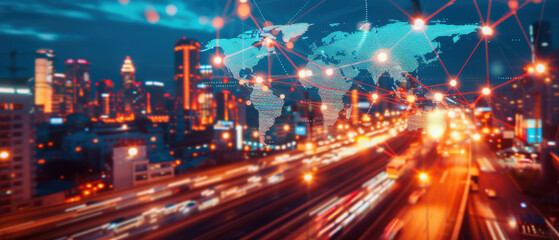 Vibrant cityscape at night with digital connections, showcasing urban activity and technology in harmony.