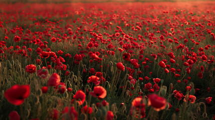 Obraz premium Beautiful field of red poppy flowers at sunset.