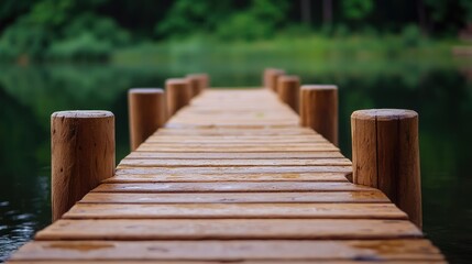 Fototapeta premium A tranquil wooden dock extending into calm waters, surrounded by lush greenery, perfect for peaceful retreats or nature photography.
