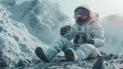 Astronaut taking a break on a distant planet, enjoying a cup of coffee.