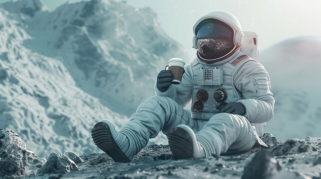 Astronaut taking a break on a distant planet, enjoying a cup of coffee.