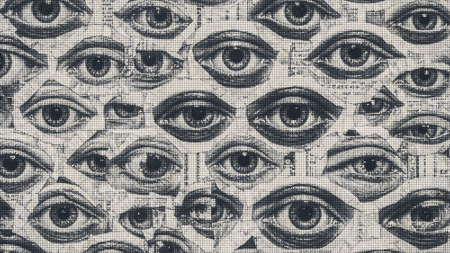 Collage with many human eyes, Abstract halftone background. vector illustration	