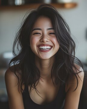 A cheerful woman beams with happiness in a warm, inviting caf&eacute; atmosphere