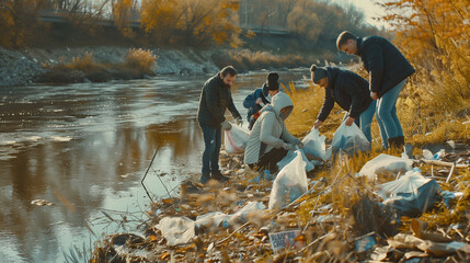 Group of people cleaning trash by a river during autumn day.