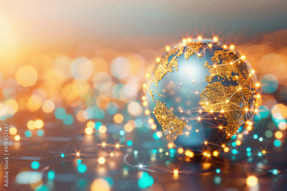 Poster a glowing globe with interconnected lines, set against a dreamy bokeh background, symbolizing global