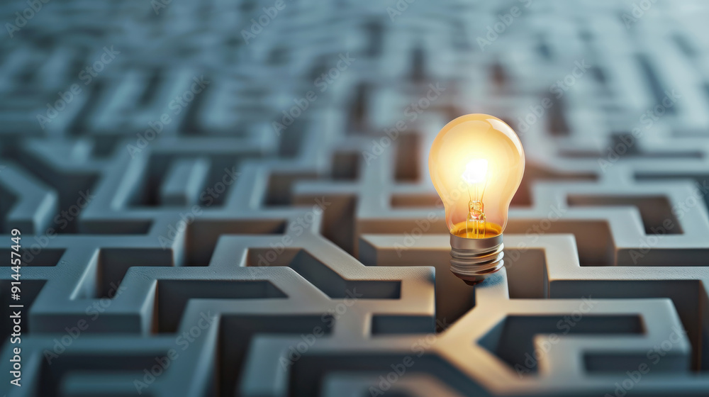 Poster a glowing light bulb symbolizes innovation and problem-solving amidst a complex maze, representing t