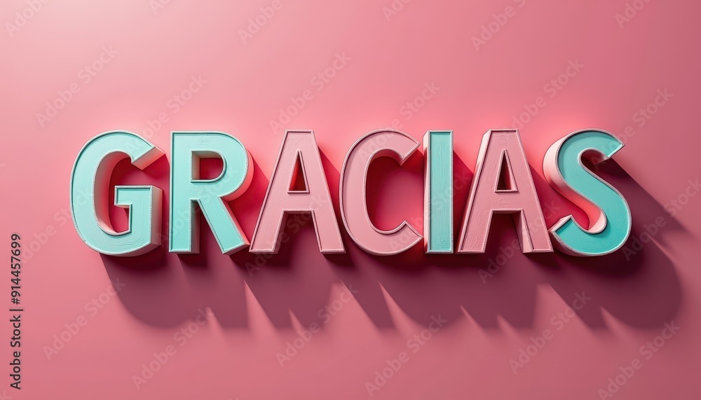 Poster 3d multicolored 'gracias' text on a pink background with shadow effects.