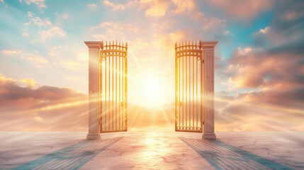 A majestic gateway bathed in golden light, symbolizing hope, opportunity, and new beginnings against a serene sky.