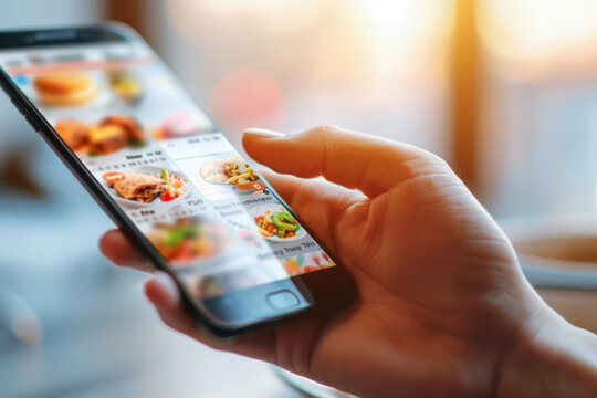 A person browsing a food delivery app on a smartphone, showcasing various meal options in a cozy cafe setting.