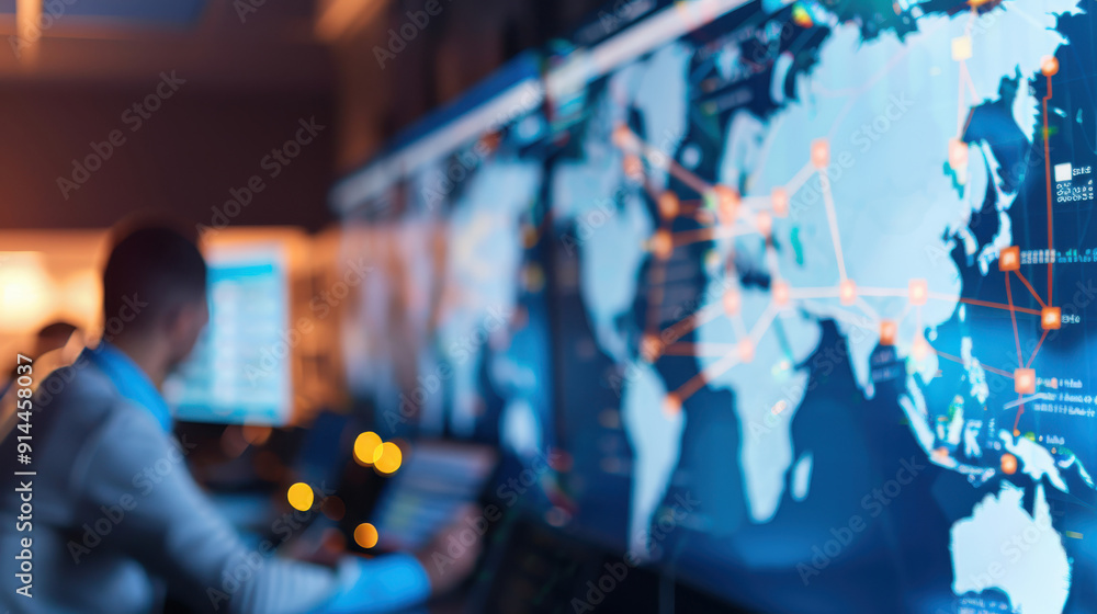 Poster a professional monitors global data on a digital map in a modern control room, showcasing technology