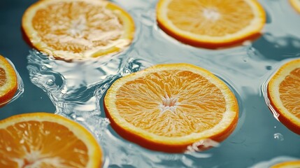 Fresh orange slices floating in water, creating a vibrant and refreshing visual with plenty of room for text.