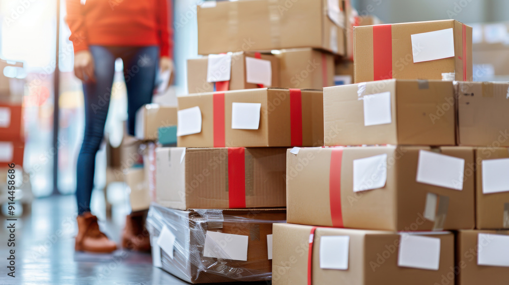 Poster a stack of cardboard boxes ready for shipping in a warehouse, highlighting organization and logistic