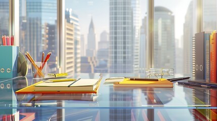 Modern school setup on a clear glass table, with a dynamic city skyline outside the window.