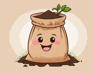 Burlap sack full of dirt and soil cute kawaii cartoon illustration. Gardening farming agriculture clipart.