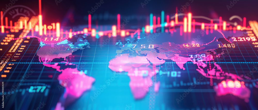 Poster a vibrant digital map displaying global financial data with colorful graphs and statistics, represen