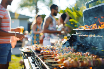 Summer backyard barbecue party with friends gathered and food on barbecue grill