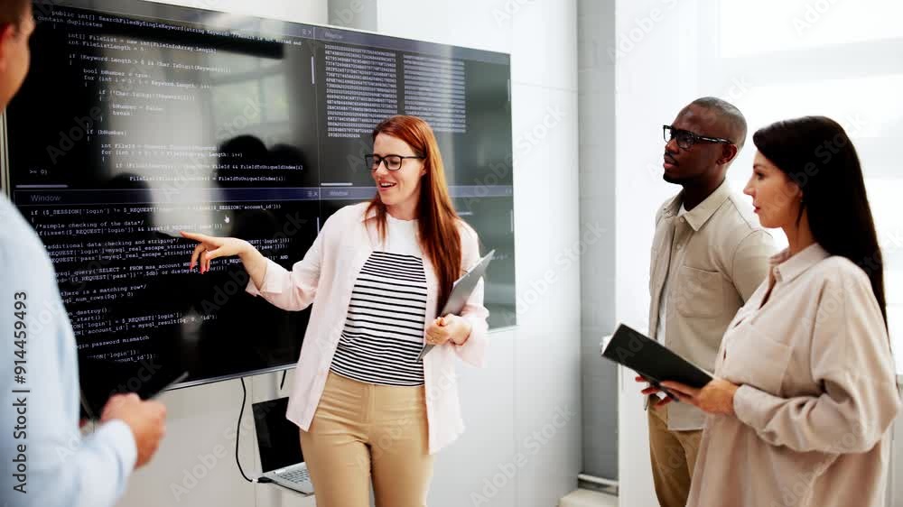 Aufkleber programmer team meeting with tv screen in office