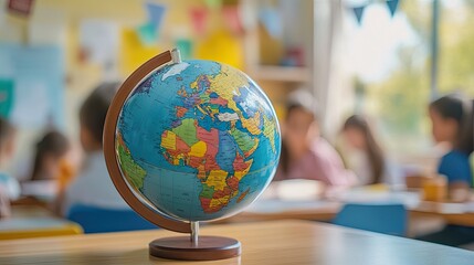 Globe on a teacher's desk in close-up, with students in the background, highlighting the theme of education and exploration.